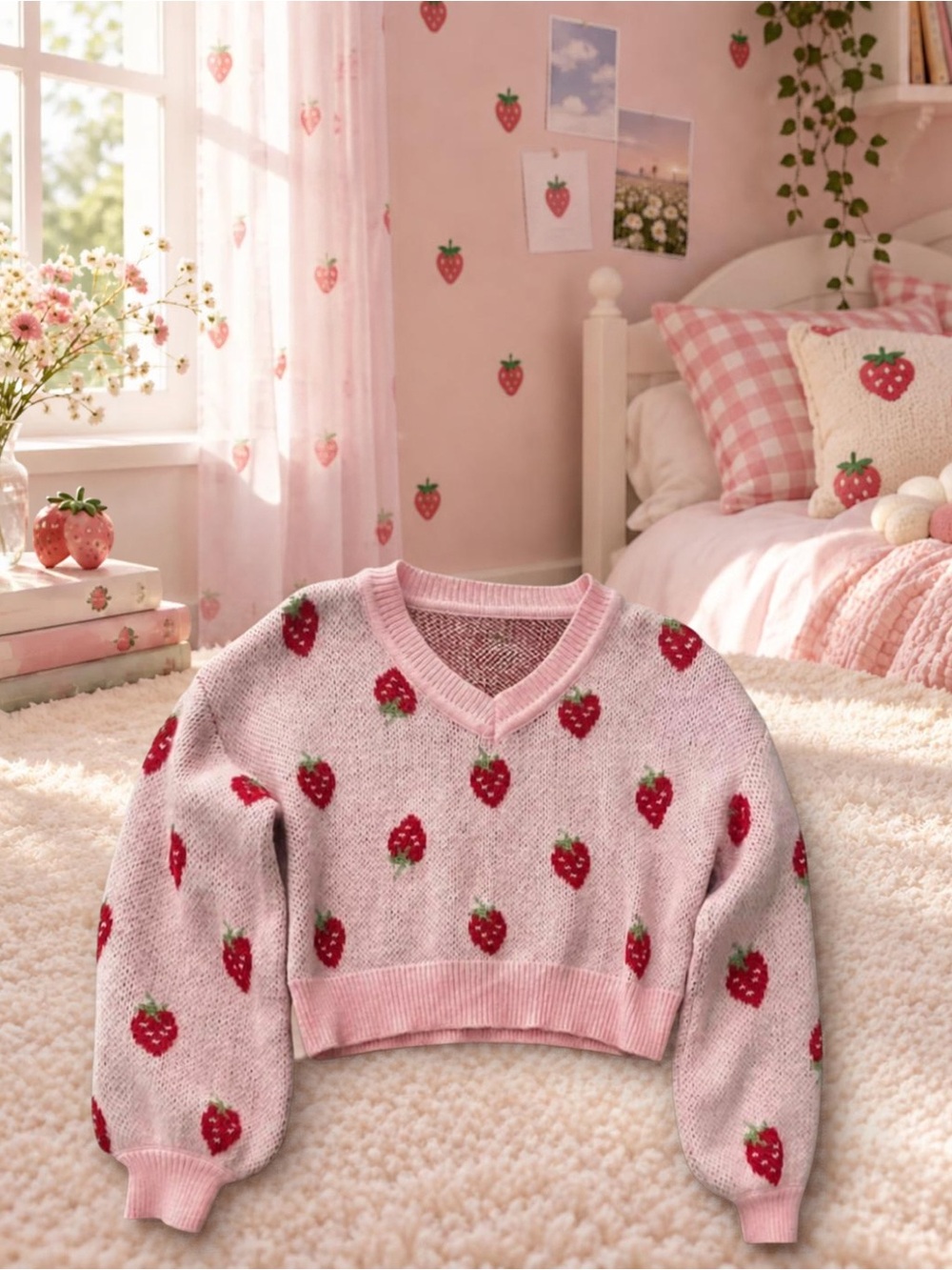 Girls Pink Strawberry Knit Cropped Sweater Size 9Y 8-10 Medium Cottagecore NWOT